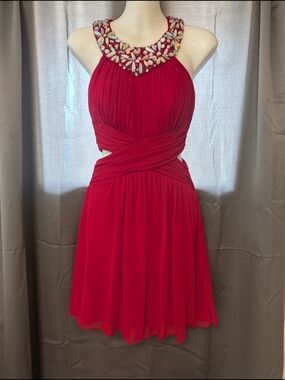 B Darlin Red Jeweled Halter Mini Dress